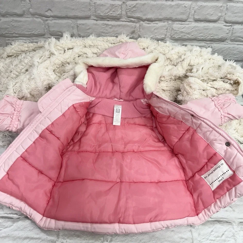 Carters Baby Girls 24M Pink Puffer‎ Jacket Coat  Embroidered Flowers Fur Hood